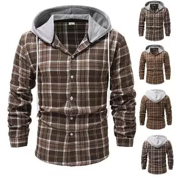Мужская клетчатая рубашка с длинным рукавом, мужская толстовка с капюшоном и карманами на пуговицах L коричневый