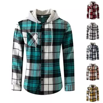 Мужская клетчатая рубашка с длинным рукавом, мужская толстовка с капюшоном и карманами на пуговицах L оранжевый