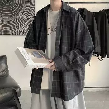 Мужская клетчатая рубашка с длинными рукавами и воротником L чёрный