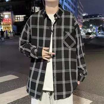 Мужская клетчатая рубашка с длинными рукавами в японском гонконгском стиле, свободная рубашка для мальчиков, летнее модное универсальное повседневное пальто M чёрный