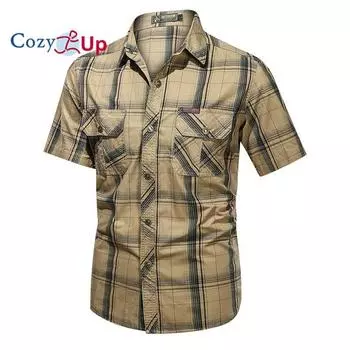 Мужская клетчатая рубашка с короткими рукавами Cozy Up, рабочая одежда из чистого хлопка, повседневный тонкий свободный топ с короткими рукавами M темно-синий