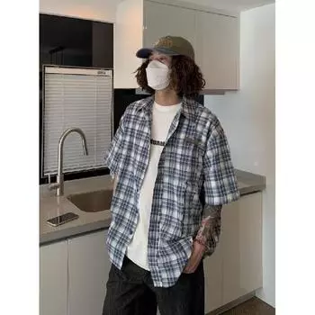 Мужская клетчатая рубашка с квадратным вырезом, молодежная мода, японский стиль, художественная мужская свободная рубашка, новая мода с длинными рукавами, осенний тренд, Харадзюку M синий