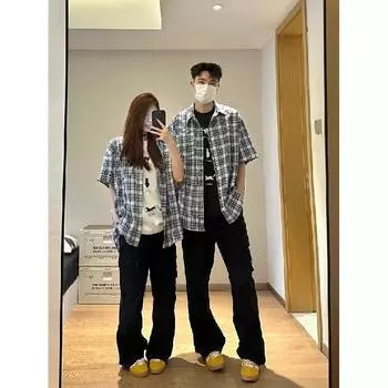 Мужская клетчатая рубашка с квадратным вырезом, молодежная мода, японский стиль, художественная мужская свободная рубашка, новая мода с длинными рукавами, осенний тренд, Харадзюку M синий