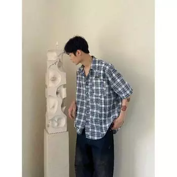 Мужская клетчатая рубашка с квадратным вырезом, молодежная мода, японский стиль, художественная мужская свободная рубашка, новая мода с длинными рукавами, осенний тренд, Харадзюку M синий