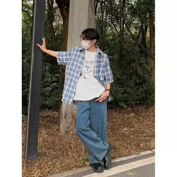 Мужская клетчатая рубашка с квадратным вырезом, молодежная мода, японский стиль, художественная мужская свободная рубашка, новая мода с длинными рукавами, осенний тренд, Харадзюку M синий
