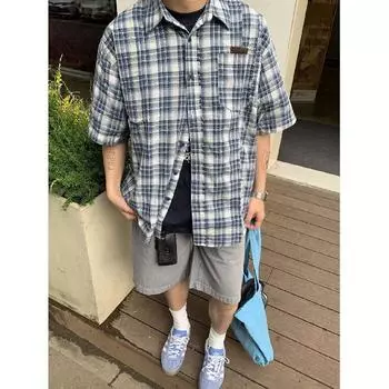 Мужская клетчатая рубашка с квадратным вырезом, молодежная мода, японский стиль, художественная мужская свободная рубашка, новая мода с длинными рукавами, осенний тренд, Харадзюку M синий