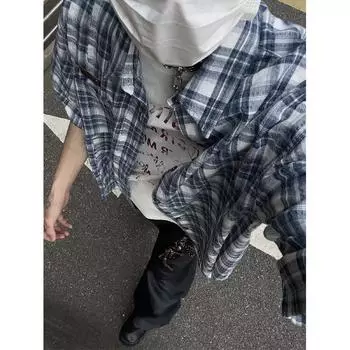 Мужская клетчатая рубашка с квадратным вырезом, молодежная мода, японский стиль, художественная мужская свободная рубашка, новая мода с длинными рукавами, осенний тренд, Харадзюку M синий