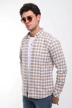 Мужская клетчатая рубашка стандартного кроя с длинным рукавом бежевая