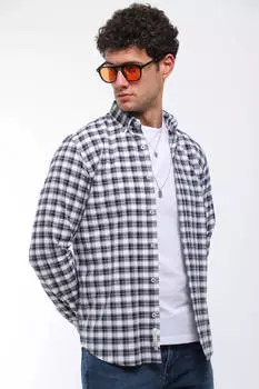 Мужская клетчатая рубашка стандартного кроя с длинным рукавом темно-синяя
