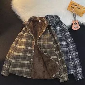 Мужская клетчатая рубашка в гонконгском стиле с длинным рукавом и бархатной подкладкой — модная осенне-зимняя куртка в японском стиле Extra Large темно-коричневого