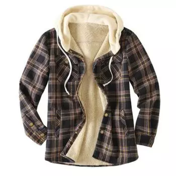 Мужская клетчатая толстая плюшевая повседневная куртка с капюшоном и длинным рукавом S