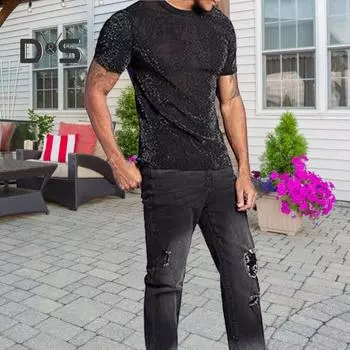 Мужская клубная футболка с прозрачной сеткой и пайетками, круглым вырезом, короткими рукавами, эластичная тонкая футболка для мускулистых мужчин, для выступлений на вечеринках S чёрный