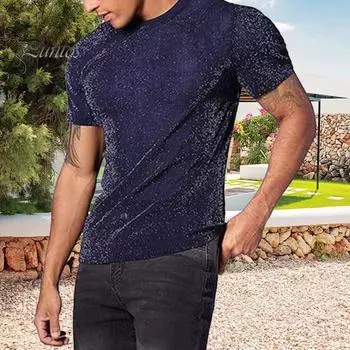 Мужская клубная футболка с прозрачной сеткой и пайетками, круглым вырезом, короткими рукавами, эластичная тонкая футболка для мускулистых мужчин, для выступлений на вечеринках S синий