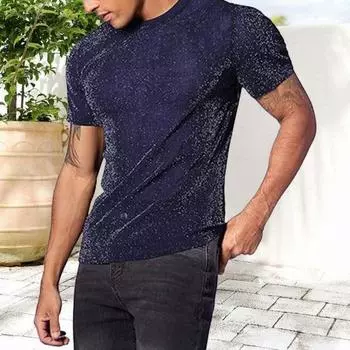 Мужская клубная футболка с прозрачной сеткой и пайетками, круглым вырезом, короткими рукавами, эластичная тонкая футболка для мускулистых мужчин, для выступлений на вечеринках S синий