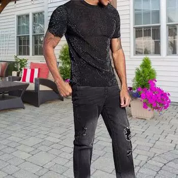 Мужская клубная футболка с прозрачной сеткой и пайетками, круглым вырезом, короткими рукавами, эластичная тонкая футболка для мускулистых мужчин, для выступлений на вечеринках S синий