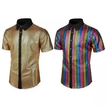 Мужская клубная рубашка для выступлений с отложным воротником, гладкая глянцевая поверхность, контрастный цвет в клетку, с короткими рукавами, приталенная, мягкая, средней длины, для вечеринок, ночного клуба S серый