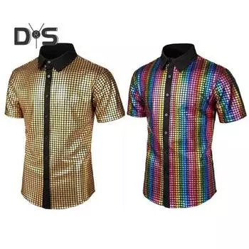 Мужская клубная рубашка для выступлений с отложным воротником, гладкая глянцевая поверхность, контрастный цвет в клетку, с короткими рукавами, приталенная, мягкая, средней длины, для вечеринок, ночного клуба S серый