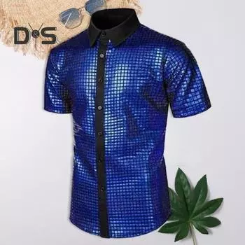 Мужская клубная рубашка, мужской костюм в стиле диско 70-х годов, винтажная рубашка с отложным воротником и светоотражающими блестящими пайетками, с коротким рукавом и застежкой на пуговицы M чёрный