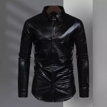 Мужская клубная рубашка с глянцевым отложным воротником и длинными рукавами, однобортная однобортная рубашка свободного покроя с пуговицами, костюм средней длины для сценического шоу S серебряный