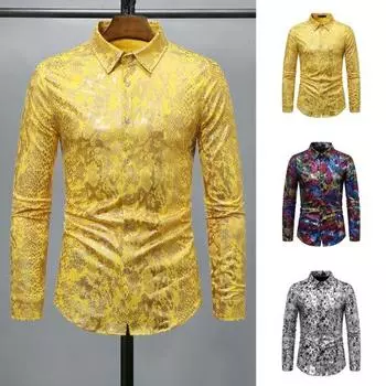 Мужская клубная рубашка с принтом под змеиную кожу, отложным воротником, облегающая рубашка на пуговицах с длинным рукавом, одежда для выступлений в ночном клубе S