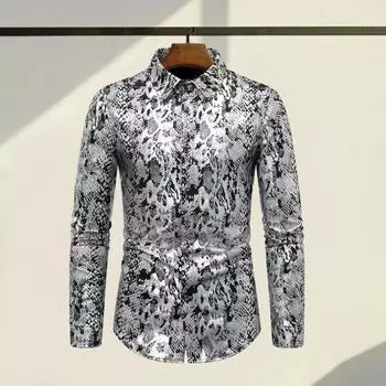 Мужская клубная рубашка с принтом под змеиную кожу, отложным воротником, облегающая, на пуговицах, длинная S серебряный