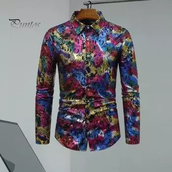 Мужская клубная рубашка с принтом под змеиную кожу, отложным воротником, облегающая рубашка на пуговицах с длинным рукавом, одежда для выступлений в ночном клубе S серебряный