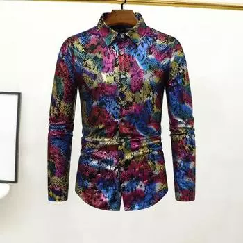Мужская клубная рубашка с принтом под змеиную кожу, отложным воротником, облегающая рубашка на пуговицах с длинным рукавом, одежда для выступлений в ночном клубе S серебряный