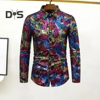 Мужская клубная рубашка с принтом под змеиную кожу, отложным воротником, облегающая рубашка на пуговицах с длинным рукавом, одежда для выступлений в ночном клубе S золотистый