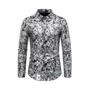 Мужская клубная рубашка с принтом под змеиную кожу, отложным воротником, облегающая рубашка на пуговицах с длинным рукавом, одежда для выступлений в ночном клубе S