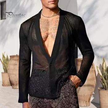 Мужская клубная рубашка с ультратонкой прозрачной сеткой с V-образным вырезом, застегивающейся на пуговицы, с длинными рукавами, для мускулистых мужчин, для вечеринок и выступлений S чёрный