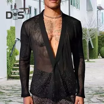 Мужская клубная рубашка с ультратонкой прозрачной сеткой с V-образным вырезом, застегивающейся на пуговицы, с длинными рукавами, для мускулистых мужчин, для вечеринок и выступлений S чёрный