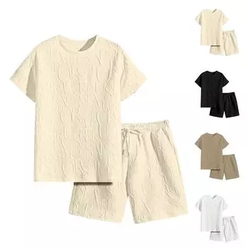 Мужская комплект из 2 предметов: летняя футболка с круглым вырезом с короткими рукавами и повседневные спортивные шорты на шнурке L бежевый