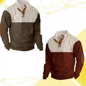 Мужская контрастная лоскутная толстовка, мужские спортивные толстовки с капюшоном, повседневные свободные толстовки с длинным рукавом, осенне-зимние мужские топы с воротником-стойкой на пуговицах S темно-синий