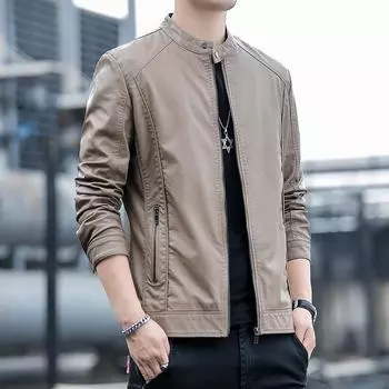 Мужская корейская версия, облегающая повседневная кожаная куртка со стоячим воротником, осенне-зимняя новая простая и красивая мотоциклетная куртка, кожаная куртка M