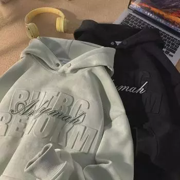 Мужская коричневая замшевая ретро-толстовка с капюшоном — свободный размер, модная уличная одежда, плотная, на весну и осень Coffee Regular 3105