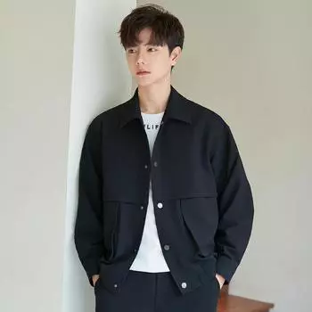 Мужская короткая куртка весна-осень с воротником-лацканом и большим карманом, куртка-раб, красивая, повседневная M чёрный