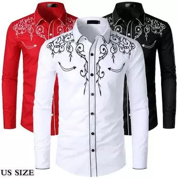 Мужская ковбойская рубашка в стиле вестерн с вышивкой, приталенная повседневная рубашка на пуговицах с длинным рукавом, S-2XL XXL темно-синий