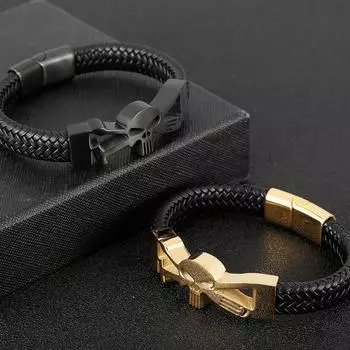 Мужская кожаная цепочка на руку, черный мужской браслет из нержавеющей стали, череп, рокер, шикарный стиль, украшения для тела, подвески, гравировка имени логотипа 21cm серебряный