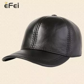 Мужская кожаная кепка осенью и зимой на открытом воздухе Повседневная бейсболка из воловьей кожи one size(55-58cm) чёрный