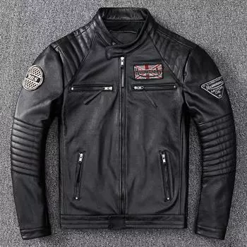 Мужская кожаная куртка из коровьей кожи, одежда для мотоциклистов, тонкая короткая молодежная кожаная куртка, пальто S чёрный