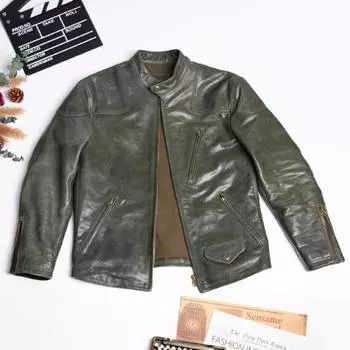 Мужская кожаная куртка китайского размера из натуральной коровьей кожи армейского зеленого цвета с воротником-стойкой, тонкая, короткая S