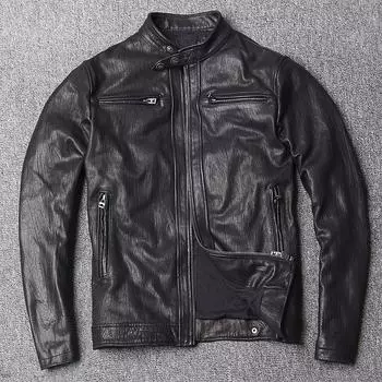 Мужская кожаная куртка из овчины растительного дубления с воротником-стойкой, облегающая кожаная куртка S