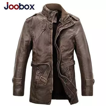 Мужская кожаная куртка JOOBOX, приталенная, с воротником-стойкой, средней длины, ветровка из стираной мотоциклетной кожи и бархата L