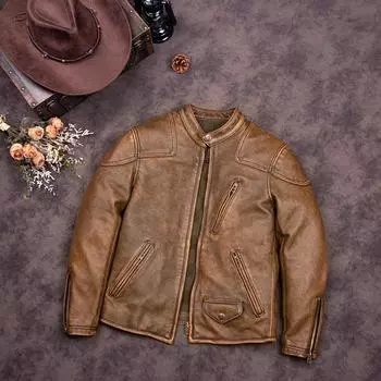 Мужская кожаная куртка китайского размера из толстой натуральной коровьей кожи толщиной 1,3 мм, потертая натуральная кожа, цвет землистого коричневого цвета, воротник-стойка, тонкая, короткая S