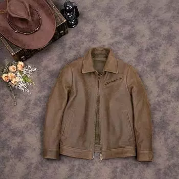 Мужская кожаная куртка китайского размера, классическая, 1930 года, из непокрытой потрескавшейся козьей кожи, мягкая, тонкая, весна-осень S