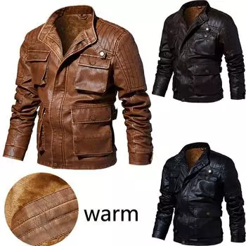 Мужская кожаная куртка-куртка на молнии с воротником-стойкой и бархатной объемной накладной сумкой M кофейный