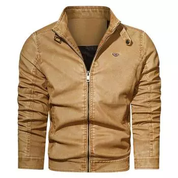 Мужская кожаная куртка Мотоциклетная кожаная куртка из искусственной кожи Модная молодежная кожаная куртка с бархатной подкладкой XL жёлтый