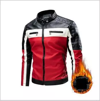 Мужская кожаная куртка, мотоциклетная модная облегающая куртка со стоячим воротником и плюшевая спортивная повседневная мужская куртка на открытом воздухе 4XL чёрный