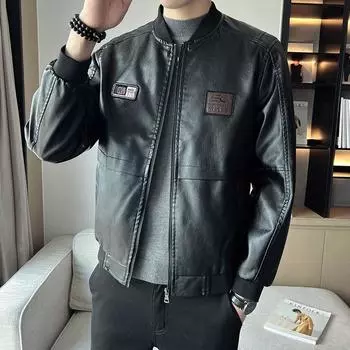 Мужская кожаная куртка мужская осенне-зимняя модная повседневная облегающая куртка с воротником-бейсболкой в стиле мотоцикла M