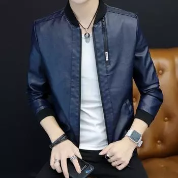 Мужская кожаная куртка мужская весна и осень корейская версия Slim Fit Trend красивая бейсболка воротник локомотив куртка из искусственной кожи мужская M темно-синий